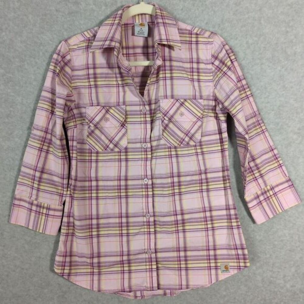 Carhartt Plaid Shirt Womens M Pink Button Up 3/4 Sleeve Stretch Work 2 Pockets